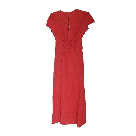 NEW FREE PEOPLE FREE-EST NATALYA SMOCKED COTTON WARM RED RUCHED MIDI DRESS SZ XS - Picture 3 of 10